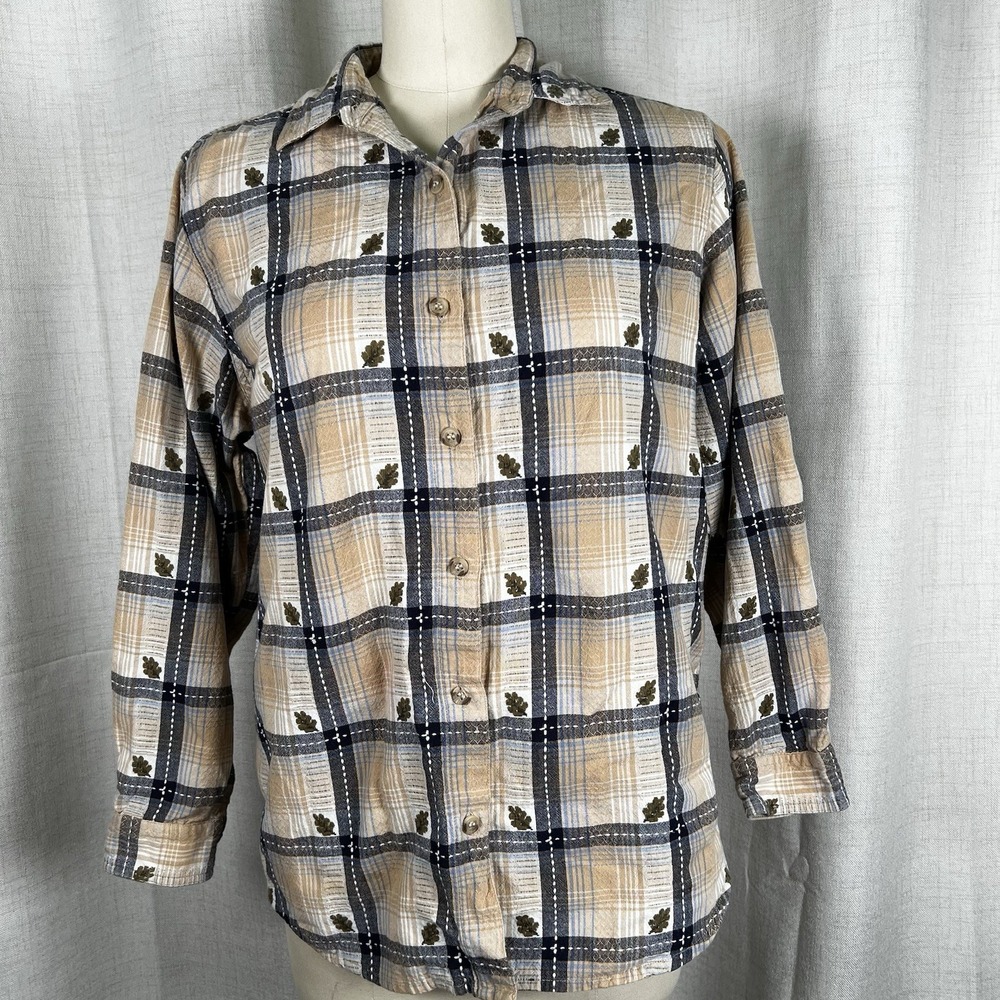 Vintage Casey &‎ Max Plaid Flannel Leaf Embroidered Cotton Button Up Women Large